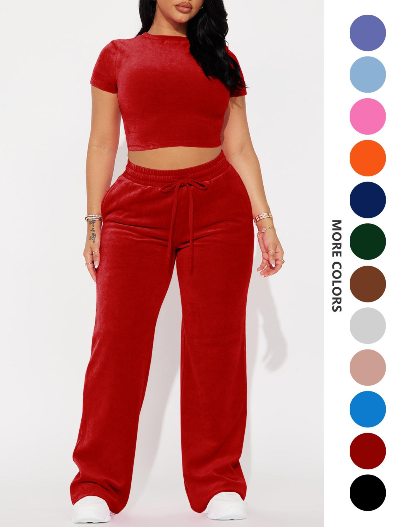 Two-piece Set Women's Solid Crop Tee & Drawstring Waist Pants Velvet Set, Casual Short Sleeve Round Neck T-shirt & Elastic Waist Trousers, Ladies Summer Clothes, Casual Matching Set Two-piece Set Women's Solid Crop Tee & Drawstring Waist Pants Velvet Set, Casual Short Sleeve Round Neck T-shirt & Elastic Waist Trousers, Ladies Summer Clothes, Casual Matching Set