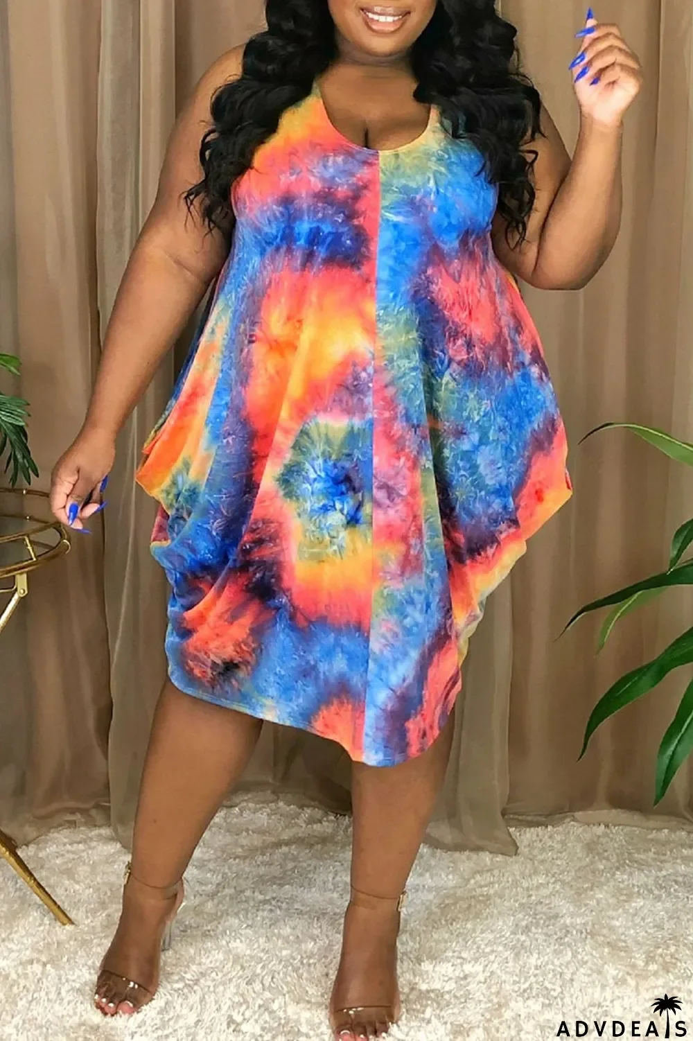 Pink Fashion Sexy Plus Size Print Tie Dye Asymmetrical O Neck Vest Dress