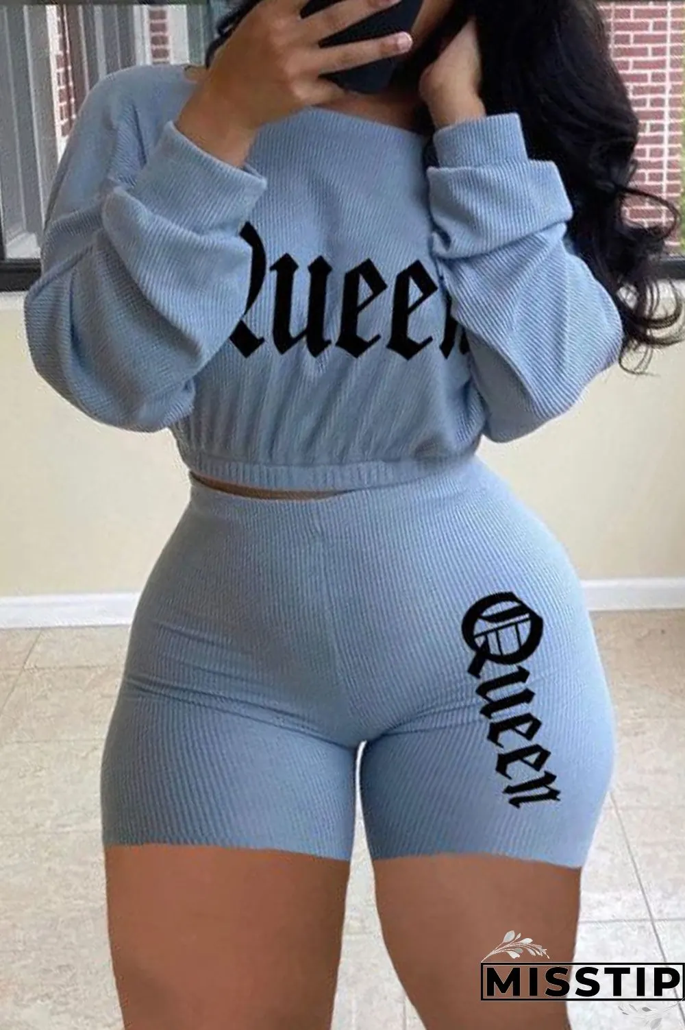 Grey Fashion Casual Print Basic O Neck Long Sleeve Two Pieces