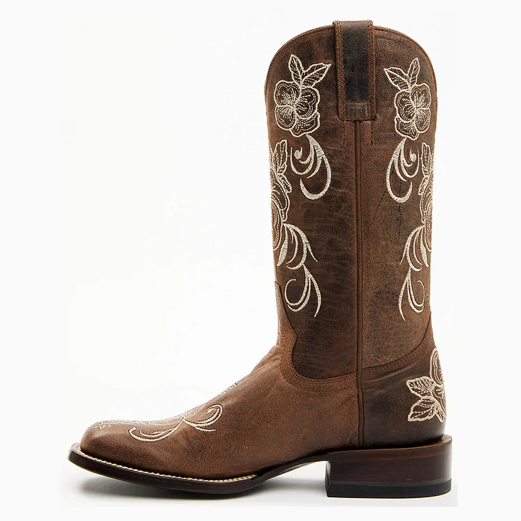 Brown Square Toe Floral Embroidered Mid-Calf Western Boots for Women |FSJ Shoes