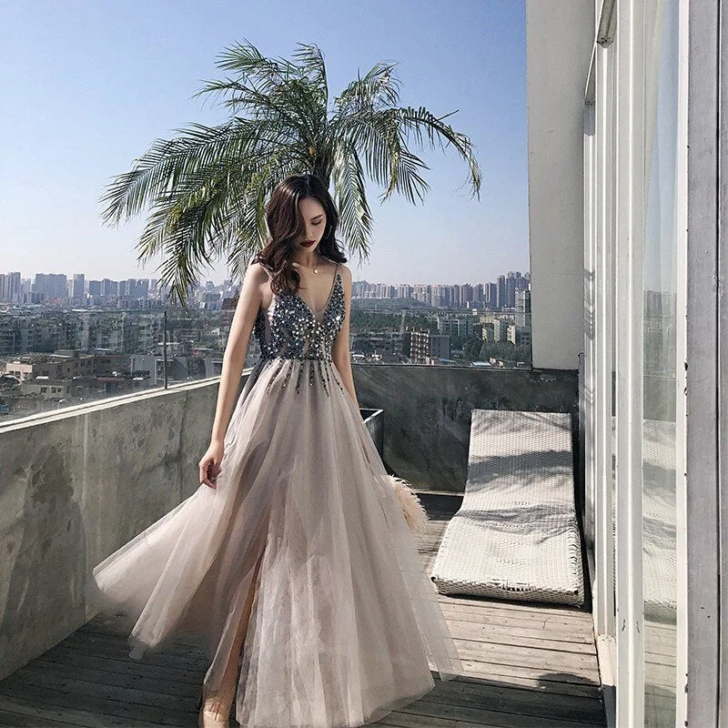 Gray Prom Dresses Tulle Sleeveless Sequins Long Evening Gowns SS1828