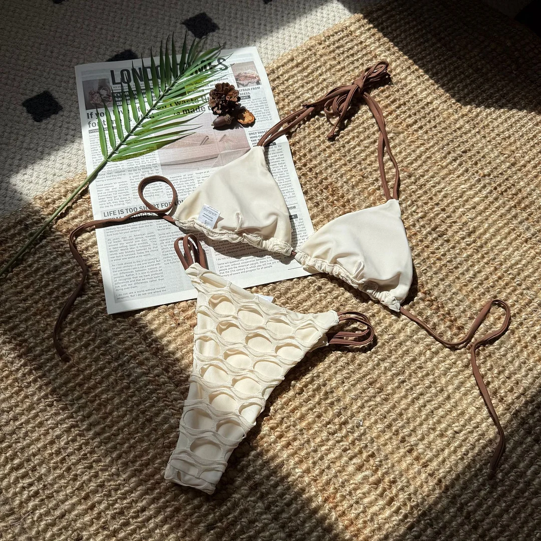 Sdrawing 2025 Sexy Bare Back Cloth Splicing Drawstring Strap Split Swimsuit Bikini