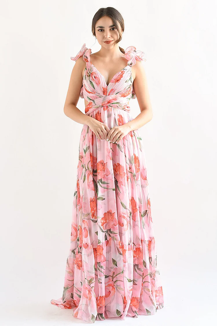 Floral Print Ruffled Straps Lace Up Backless Maxi Dresses-Pink [Pre Order]