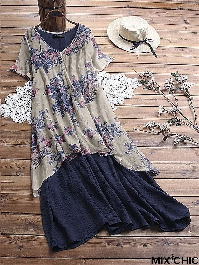 Women's Long Dress Maxi Dress Casual Dress Shift Dress Summer Dress Floral Basic Casual Outdoor Daily Holiday Button Fake two piece Short Sleeve V Neck Dress Loose Fit ArmyGreen Blue Orange Spring