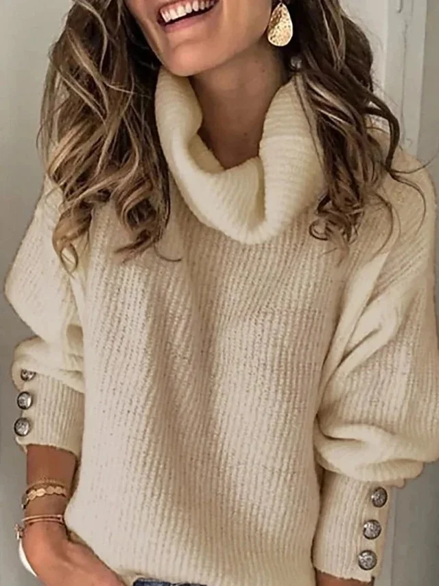 Wongn Wongn Solid Color Sweater, Loose Turtleneck Sweater, Women's Jumper