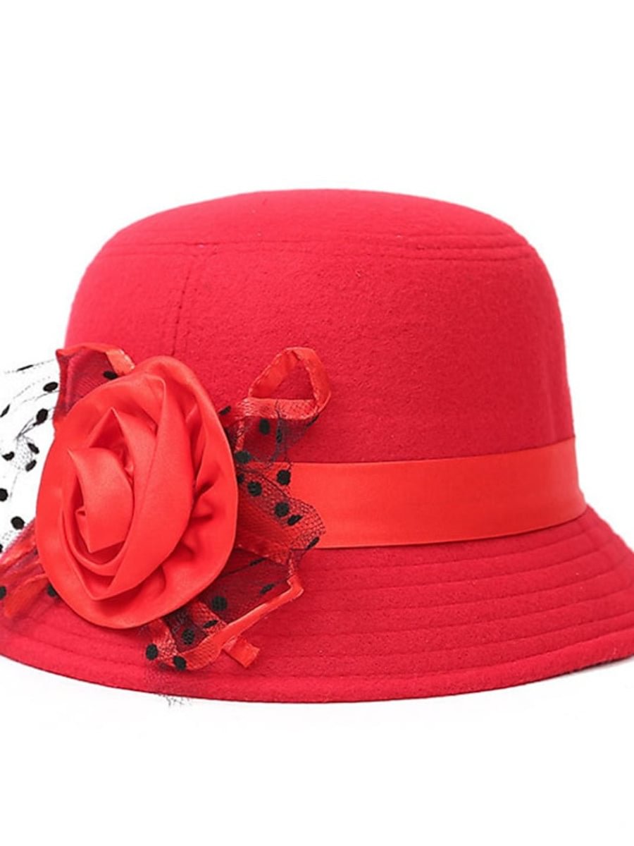 Women's Fedora Hat Flower Mesh Woolen Casual Fishman Bucket Hats