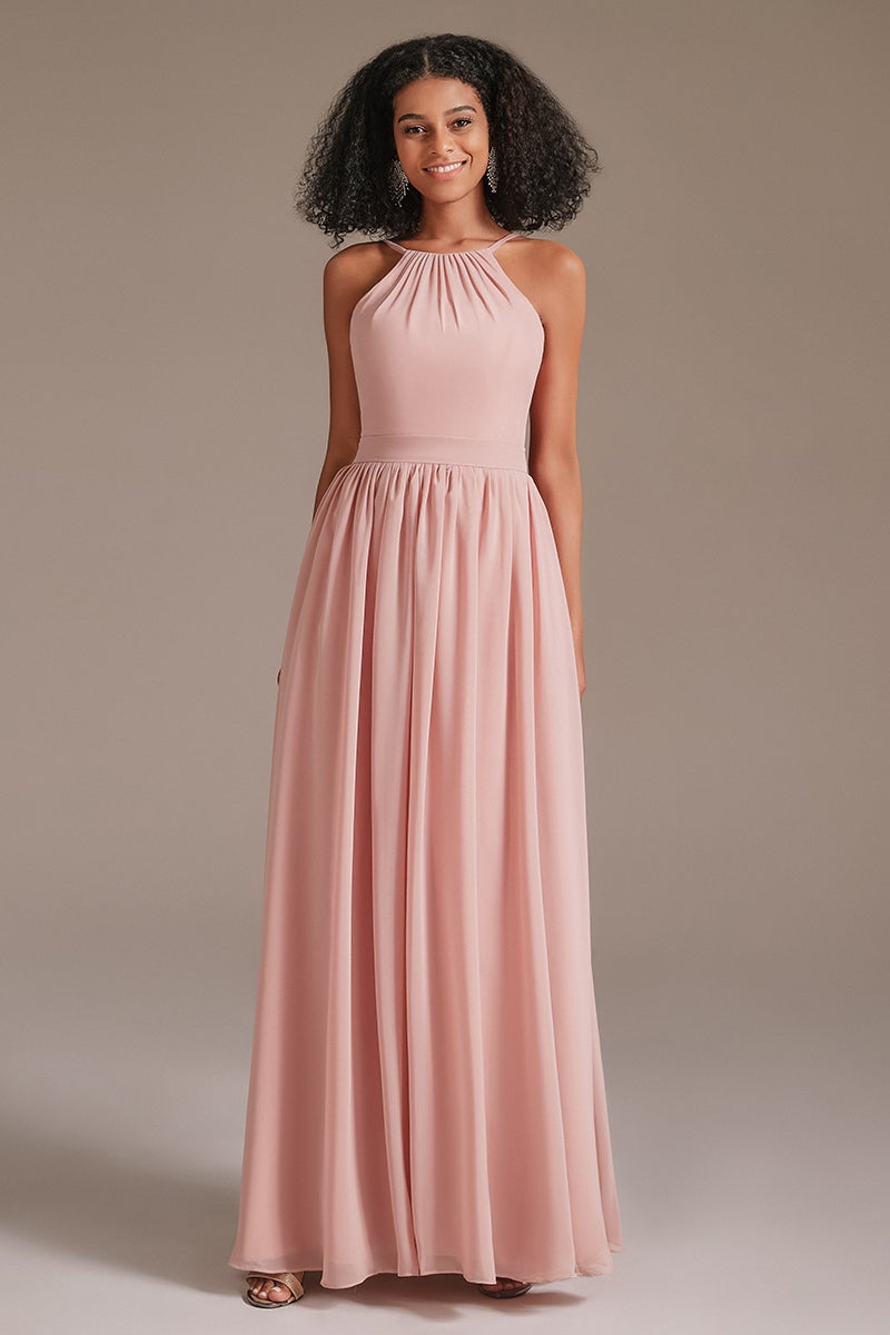 Oknass Halter Chiffon Pink Bridesmaid Dress