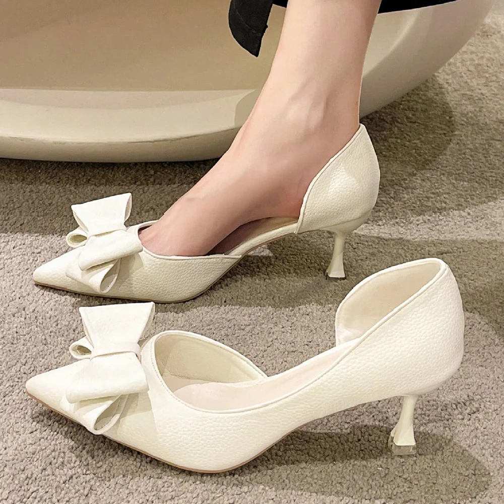 White Closed Pointed Toe Bow Pumps With Kitten Heels Nicepairs