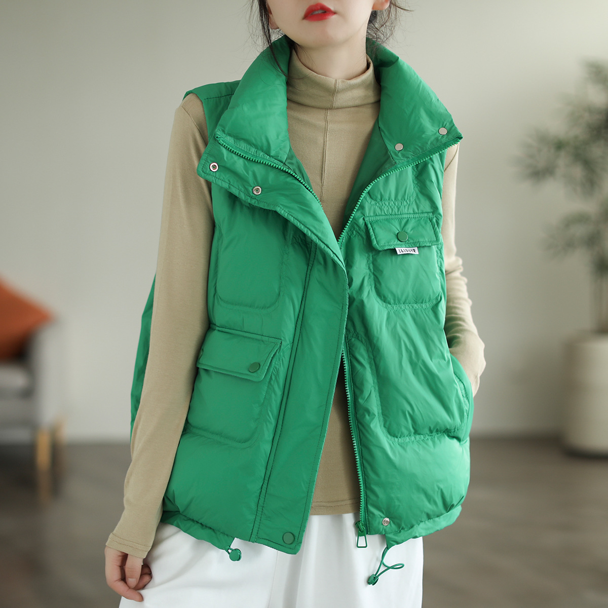 Literary Solid Color Stand Collar  Down Vest Coat