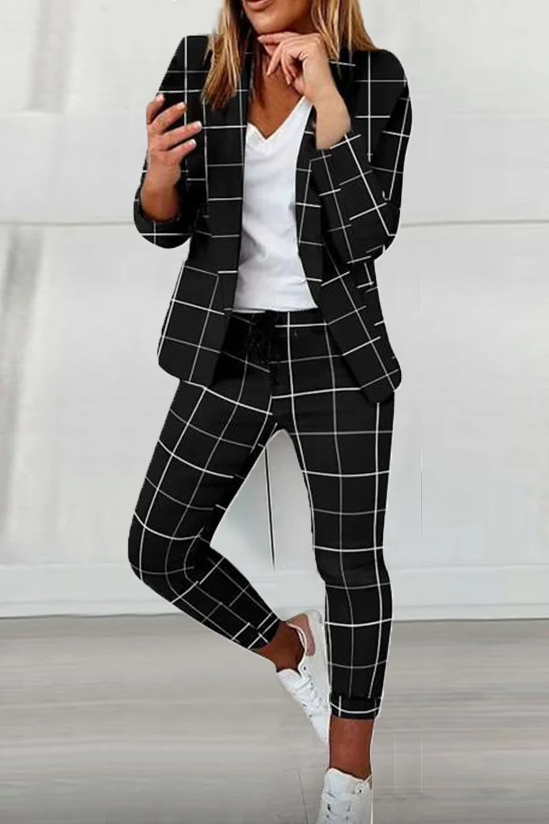 Matte Black Casual Print Patchwork Turndown Collar Long Sleeve Two Pieces | EGEMISS