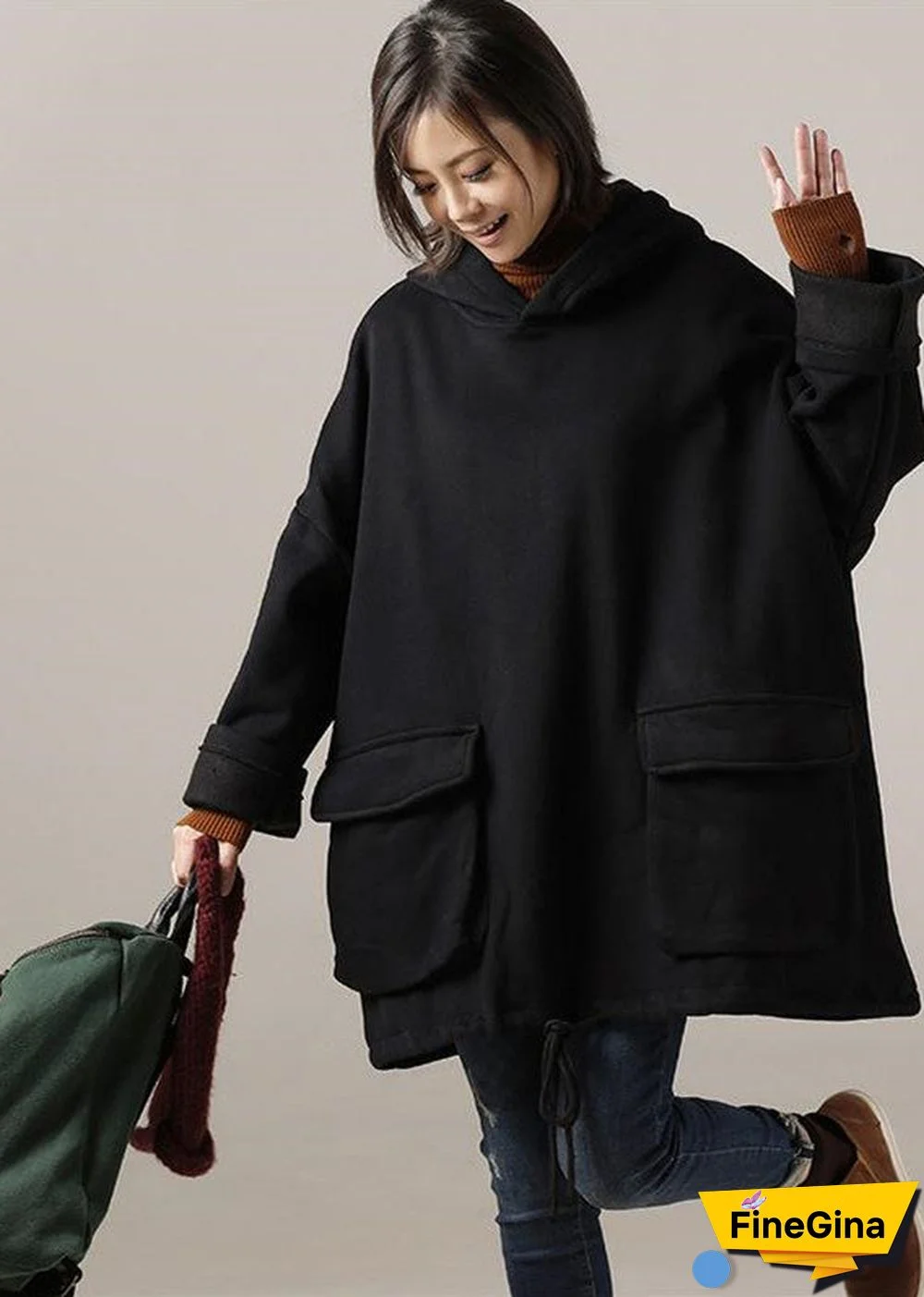 Women cotton blouses for high neck Sewing black Knee blouses hooded