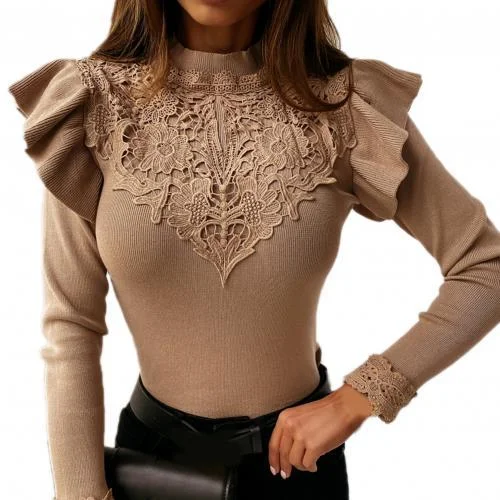 Fashion Long Sleeve Ruffle Lace Patchwork Blouse