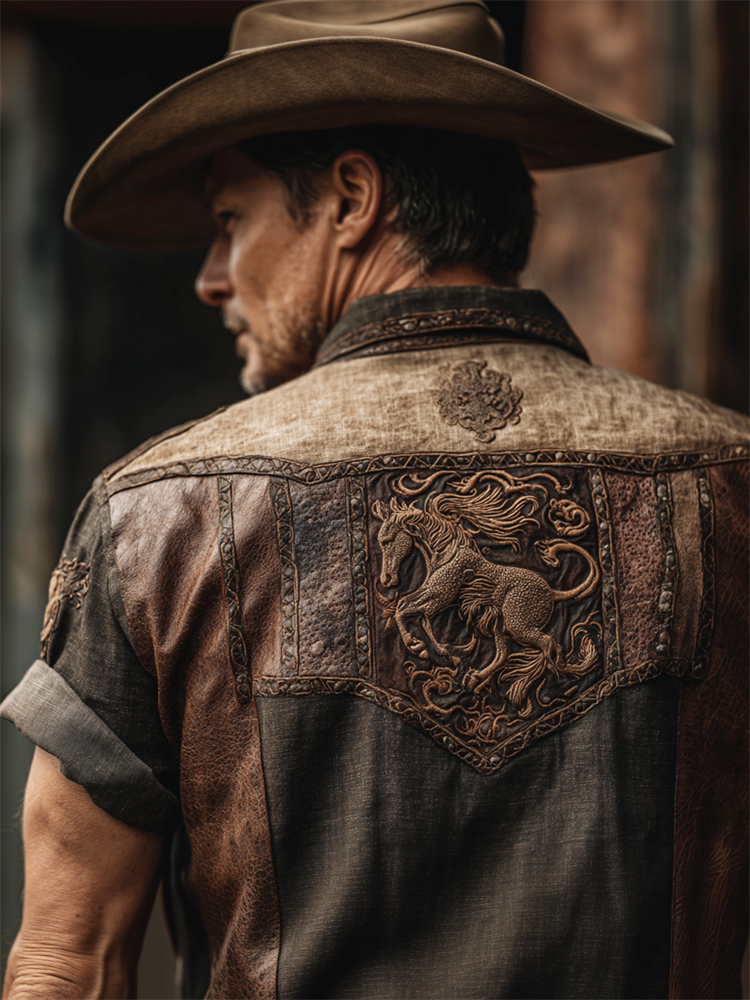 Men's Vintage Western Horse Patchwork Linen Shirt