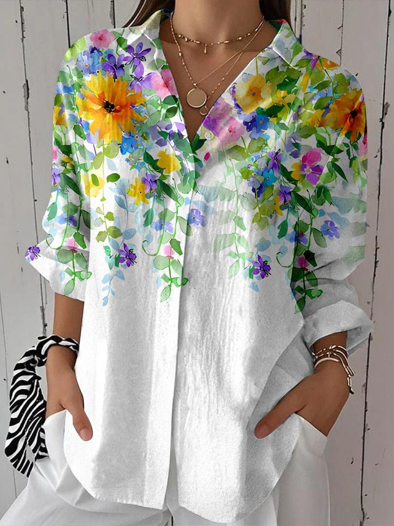Women 3/4 Sleeve Shirt Collar Floral Printed Graphic Button Tops