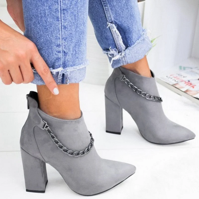 Fashion Chain Women's Boots Leather Heels Back Zipper Woman Boots Pointed High Heels Shoes For Women 2021 Ankle Boots Female