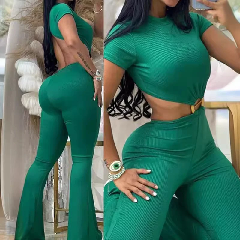 Wongn Wongn 2023 Women's Sexy Round Collar Open Back Slim And Hip Solid Color Jumpsuit Sportswear