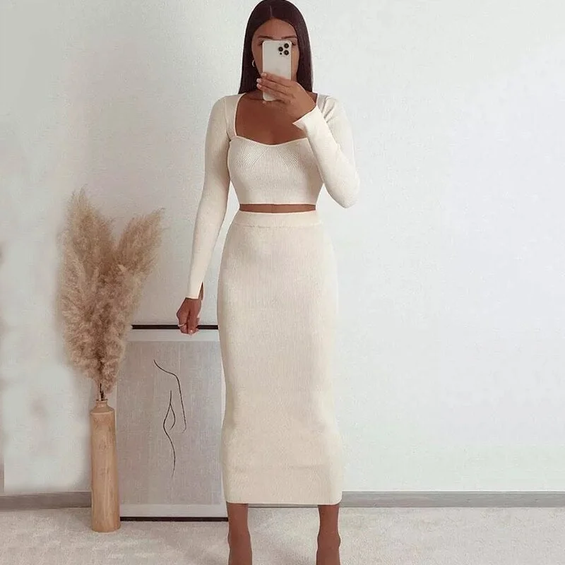 Casual Square Collar Long Sleeve Top  Knitted Bodycon Winter Cropped Sweater Women  Office Ladies Pull Femme Pullover