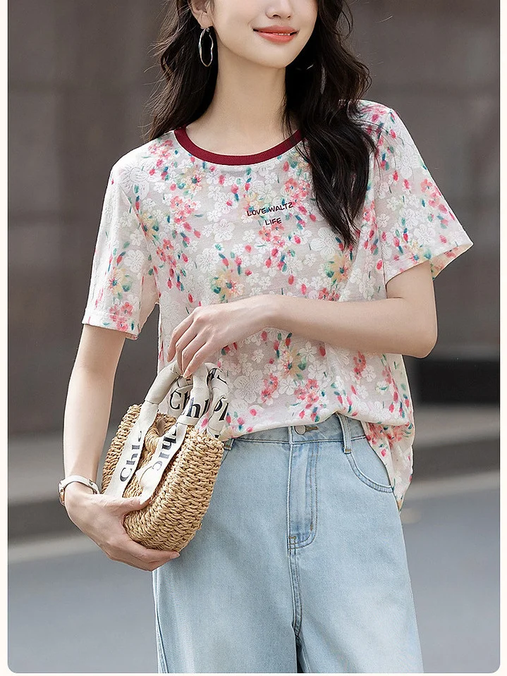 Athvotar Athvotar Summer Design Feeling Slammed Collar Bottom Shirt Loose Breathable Letter Embroidered Short-Sleeved Women's T-Shirt