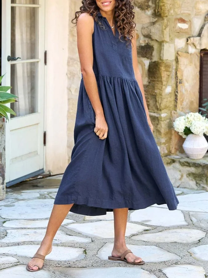 Women's Casual Solid Color Lapel Sleeveless Splicing Shirred Pocket Dress