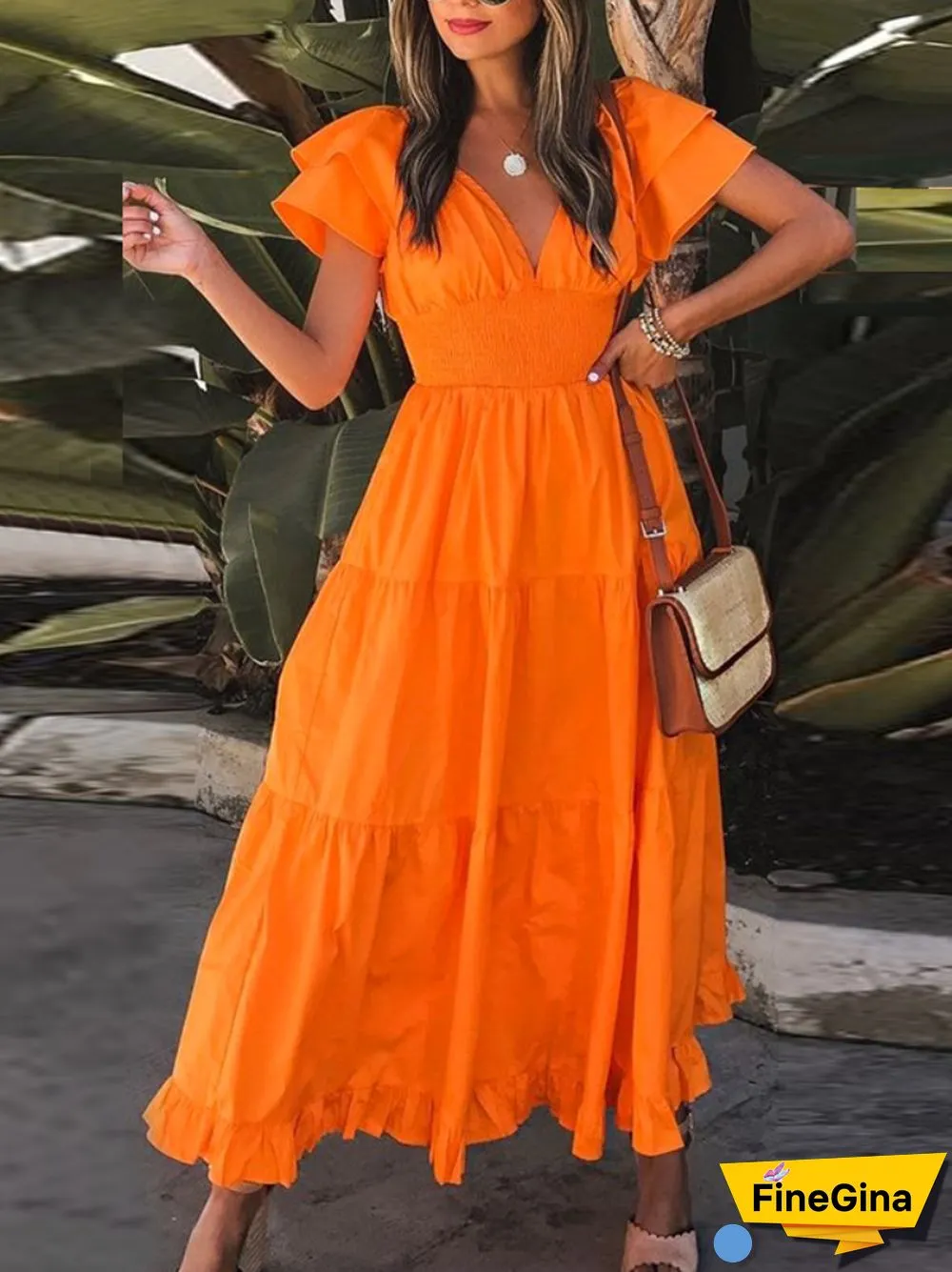 Summer New Fashion Short-sleeved Dress V-neck Petal-sleeved Large Mid-length Skirt Temperament Casual Party Women's Clothing