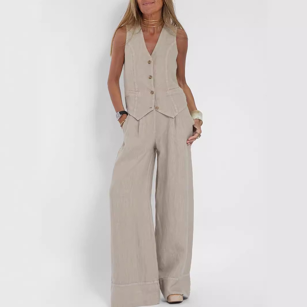 Older Women Summer Vest Suits V-neck Botton Sleeveless Top And Loose Straight Trousers Casual Suits