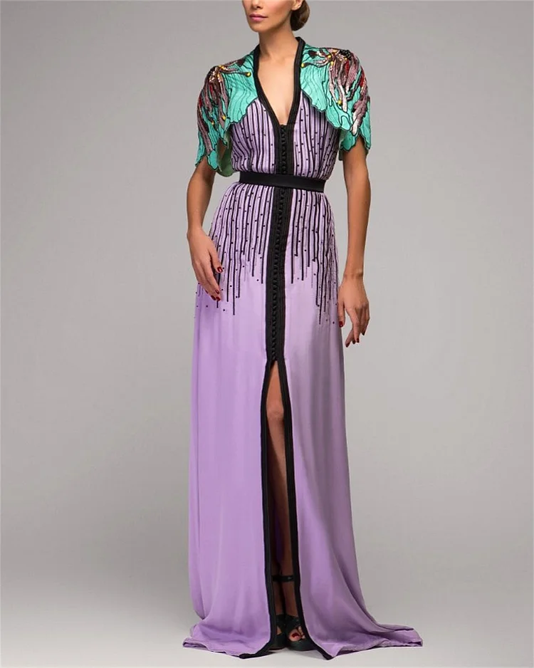 Women's V-neck Purple Embroidered Sequin Dress