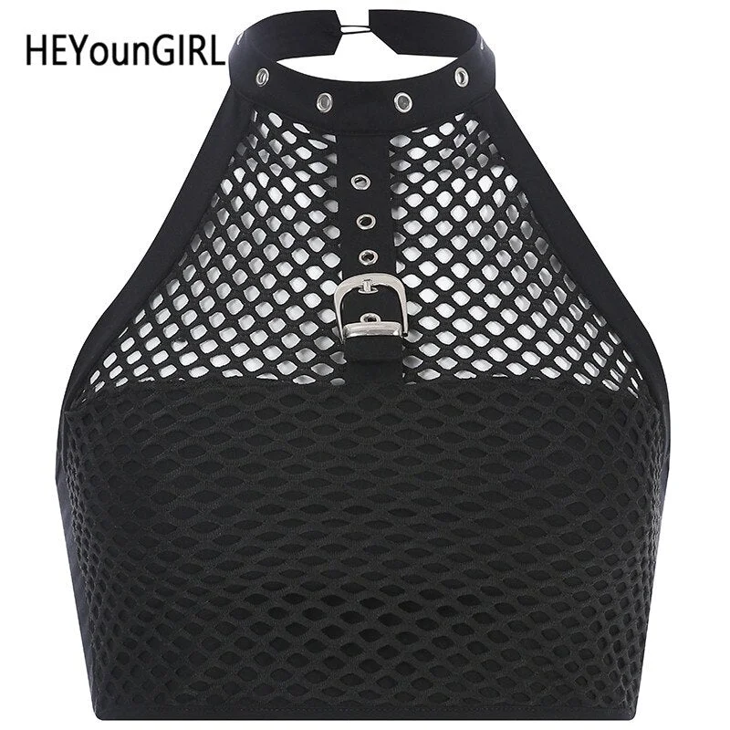 HEYounGIRL Sexy Backless Women Tank Top Sleeveless Halter Black Mesh Crop Tops Tees Shirt Cotton Fitness Harajuku Cropped Woman