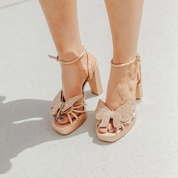 Square Toe Chunky Heel Rhinestones Butterfly Shoes Platform Sandals |FSJ Shoes