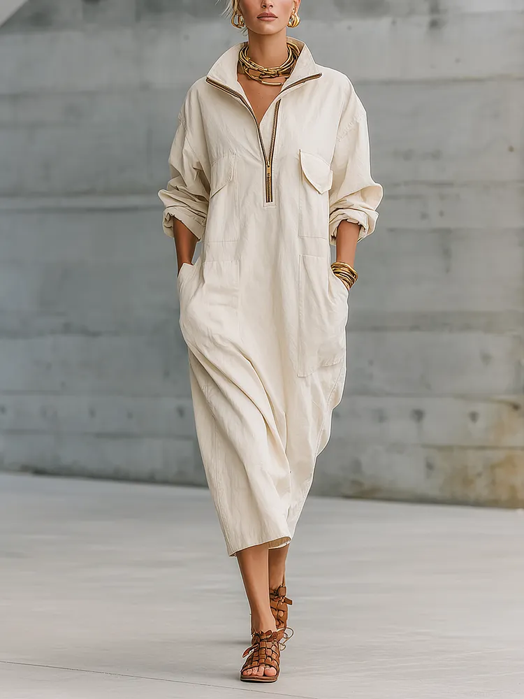 Effortless Utility Half-Zip Pocket Maxi Dress