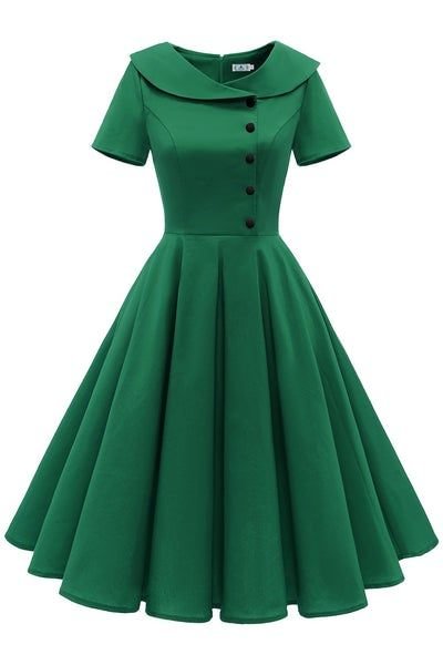 1950s [Pre-Order] Green Peterpans Collar Button Short Sleeve Swing Midi Dresses