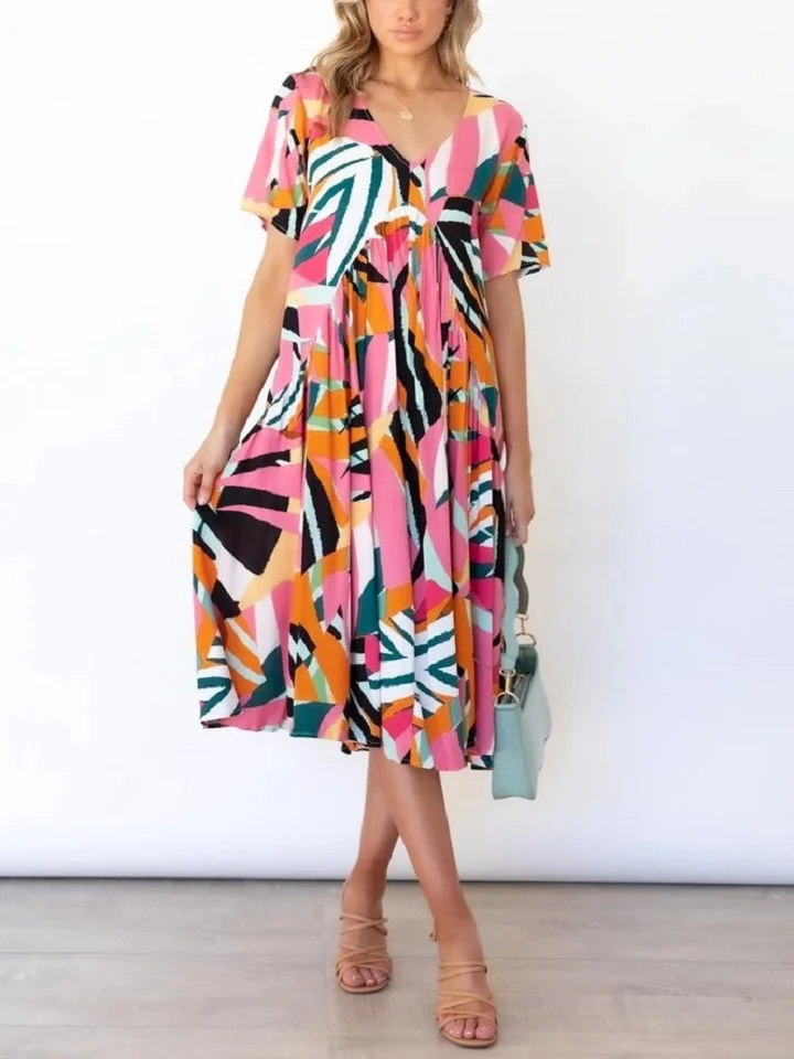 Loose V Neck Printed Short Sleeve Dress