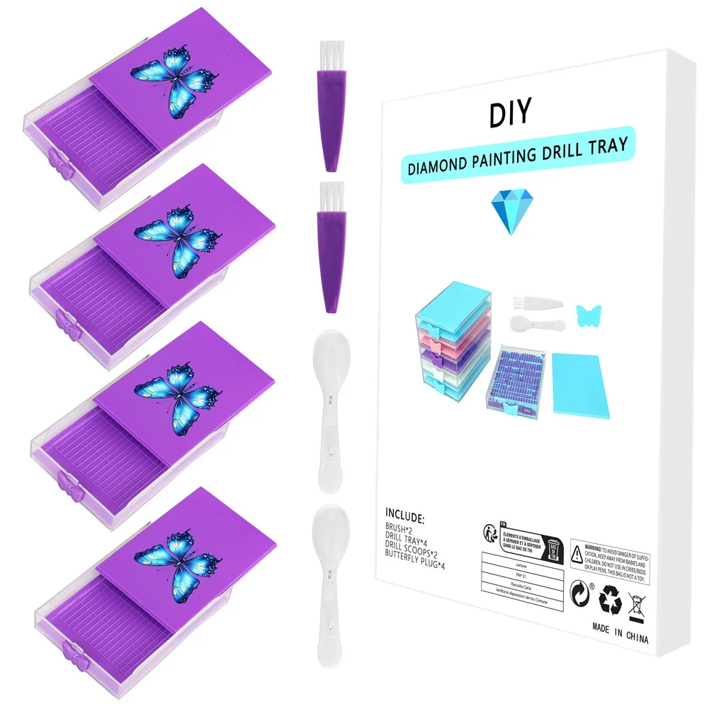 4Pcs Butterfly Purple Diamond Painting Tray 5D DIY Drills Plate with Spoon & Brush