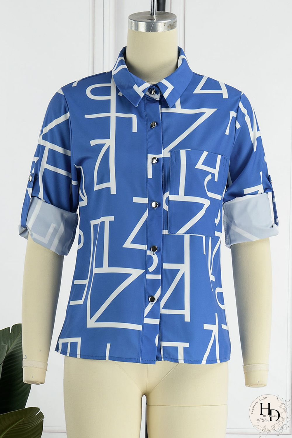 Blue Casual Print Patchwork Buckle Turndown Collar Tops