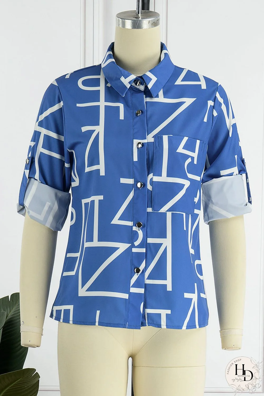 Blue Casual Print Patchwork Buckle Turndown Collar Tops