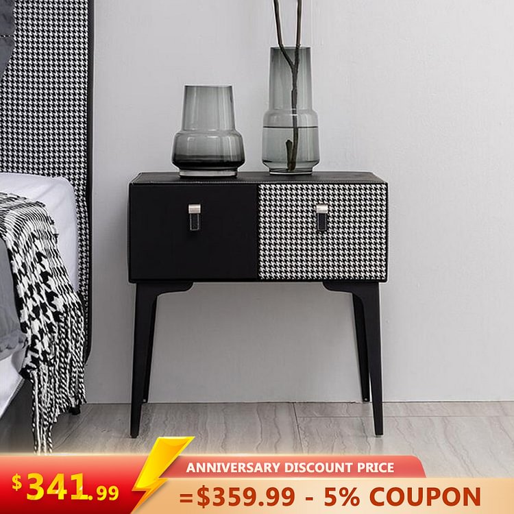 Homemys Modern 2 Drawer PU Leather Bedside Table Nightstand with Black Metal Legs