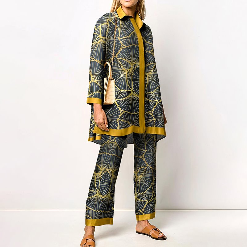 Lapel Gold Leaf Patchwork Two Piece Set