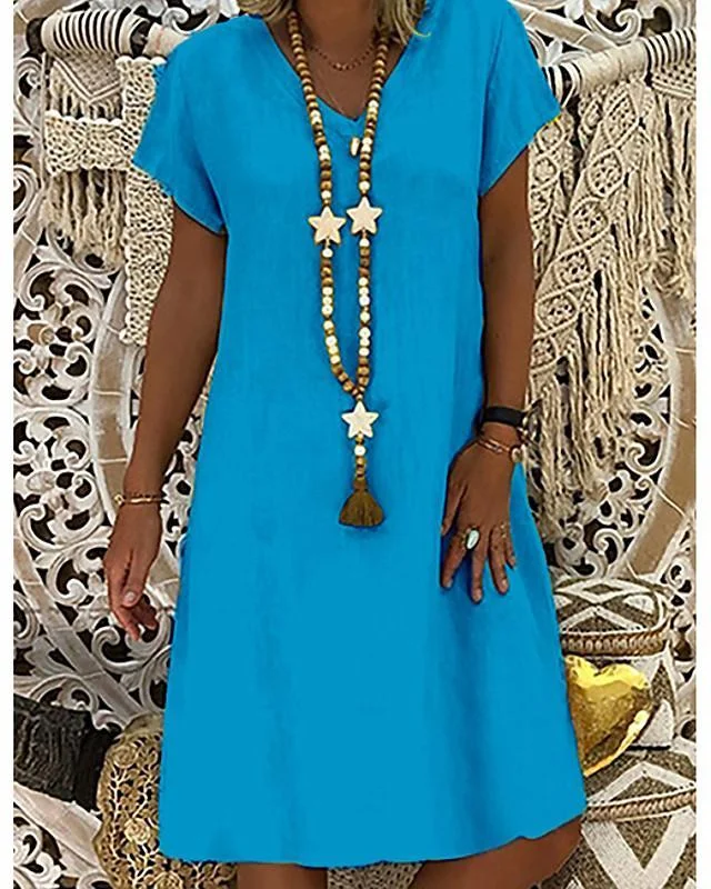 Women's Shift Dress Knee Length Dress - Short Sleeve Summer V Neck Casual Holiday Light Blue S M L XL XXL 3XL-0218826
