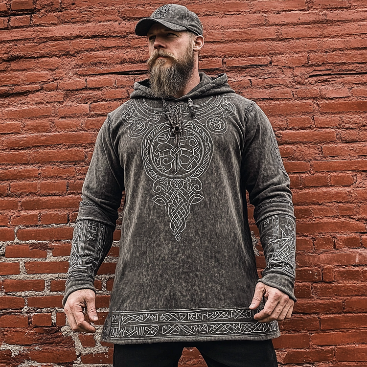 Men's Retro Viking Rune Print Hoodie