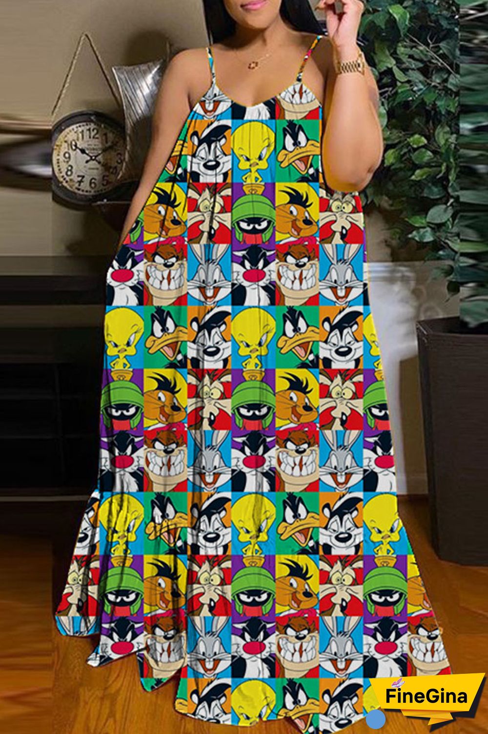 Black Brown Casual Street Print Patchwork Spaghetti Strap Sling Dress Dresses