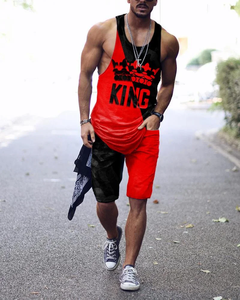 Street Men's Contrast Color KING Pattern Vest Suit