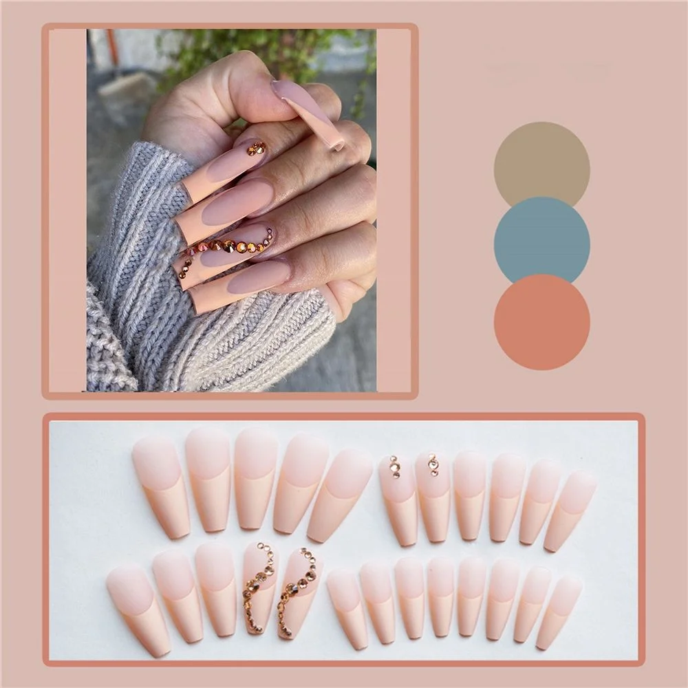 Long Coffin False Nails Champagne French Ballerina fake nails with Diamond Design Artificial Full Cover Nail Tips Press On Nails