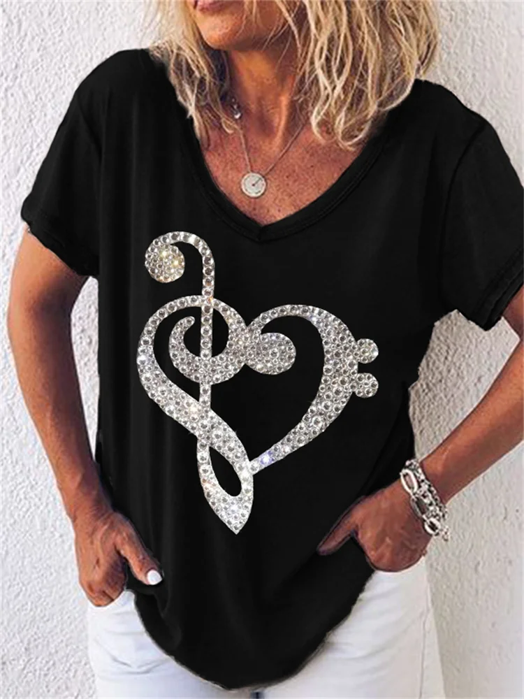 Music Note Glitter Heart V Neck T Shirt