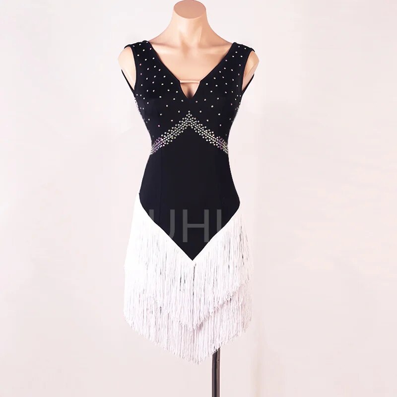 Women’s Bevelled White Fringe Latin Dance Gown White Black Patchwork Dress Ballroom Dress
