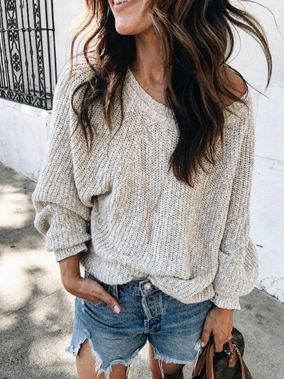 Off Shoulder Solid Knitted Long Sleeve Sweater