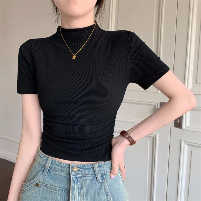 Brownm Brownm Collar Short-Sleeved T-Shirt Women's Summer 2024 New Bottom Shirt With Slim Short Student Pleated Top
