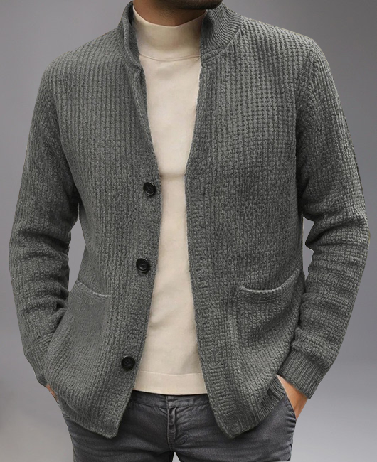 Casual Knit Stand Collar Single Breasted Patch Pocket Jacket