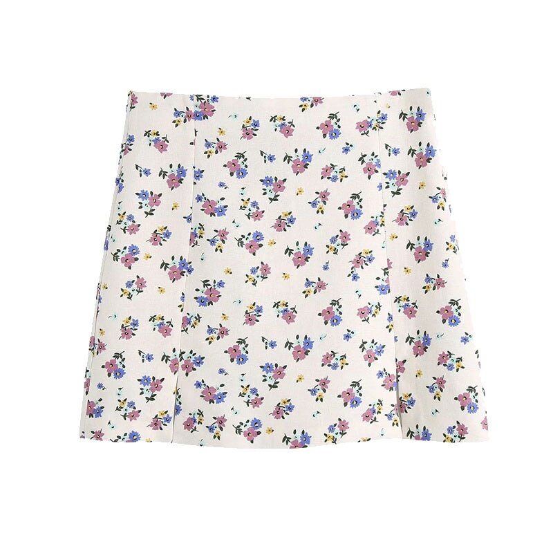 TRAF Women Chic Fashion Floral Print Linen Mini Skirt Vintage High Waist Vents Hem Female SKirts Mujer