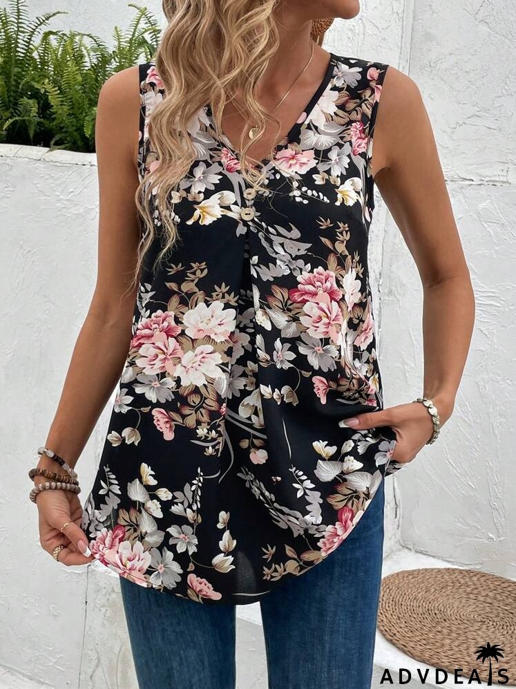 Floral Printed V-Neck Sleeveless Vest Top For Women, Summer