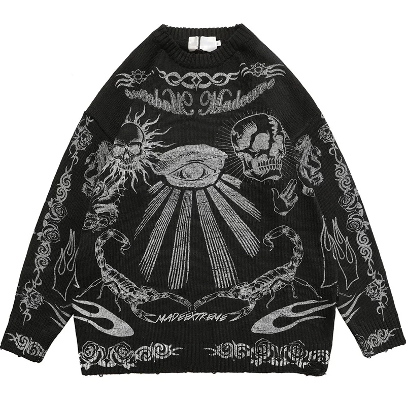 Oversized Sweater Men Women Harajuku Skull Graffiti Retro Vintage Knitted Sweater Unisex Pullover 2022 Spring Techwear Shop