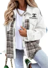 Jaqueta jeans xadrez com manga longa e bot&atilde;o